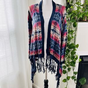 Say What Navy Blue & Pink Southwestern Fringed Cardigan Sweater - Size Small